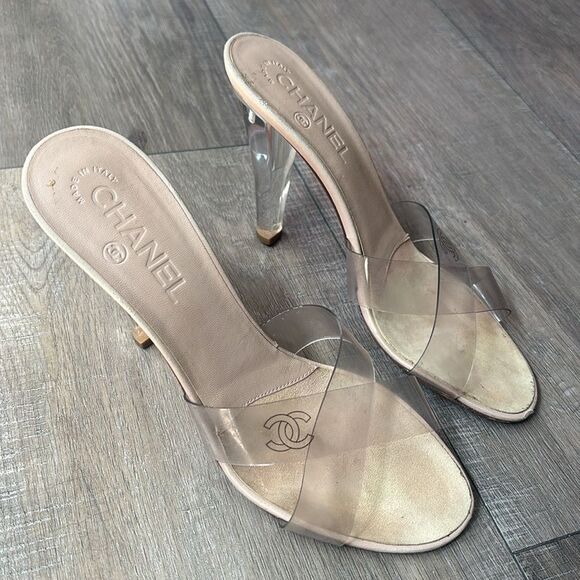 Vintage Chanel Clear PVC Cross-Strap Mule Sandals with Lucite Heel 38 - Picture 1 of 8